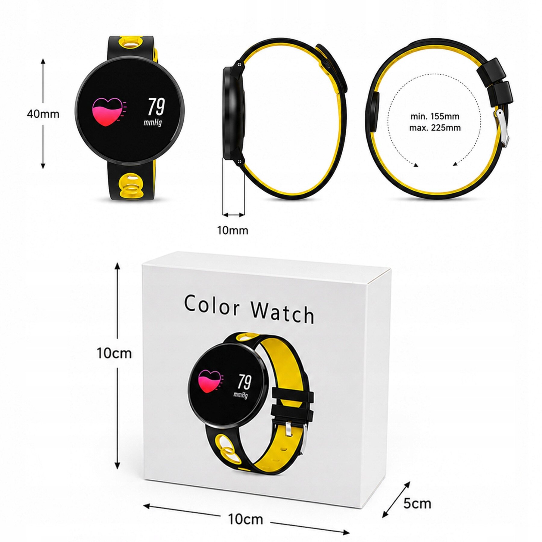 Obraz przedstawia smartwatch z kolorowym ekranem, na którym widoczny jest symbol serca i wartość 79 mmHg. Opakowanie produktu ma wymiary 10 cm x 10 cm x 5 cm i jest oznaczone napisem \'Color Watch\'.
