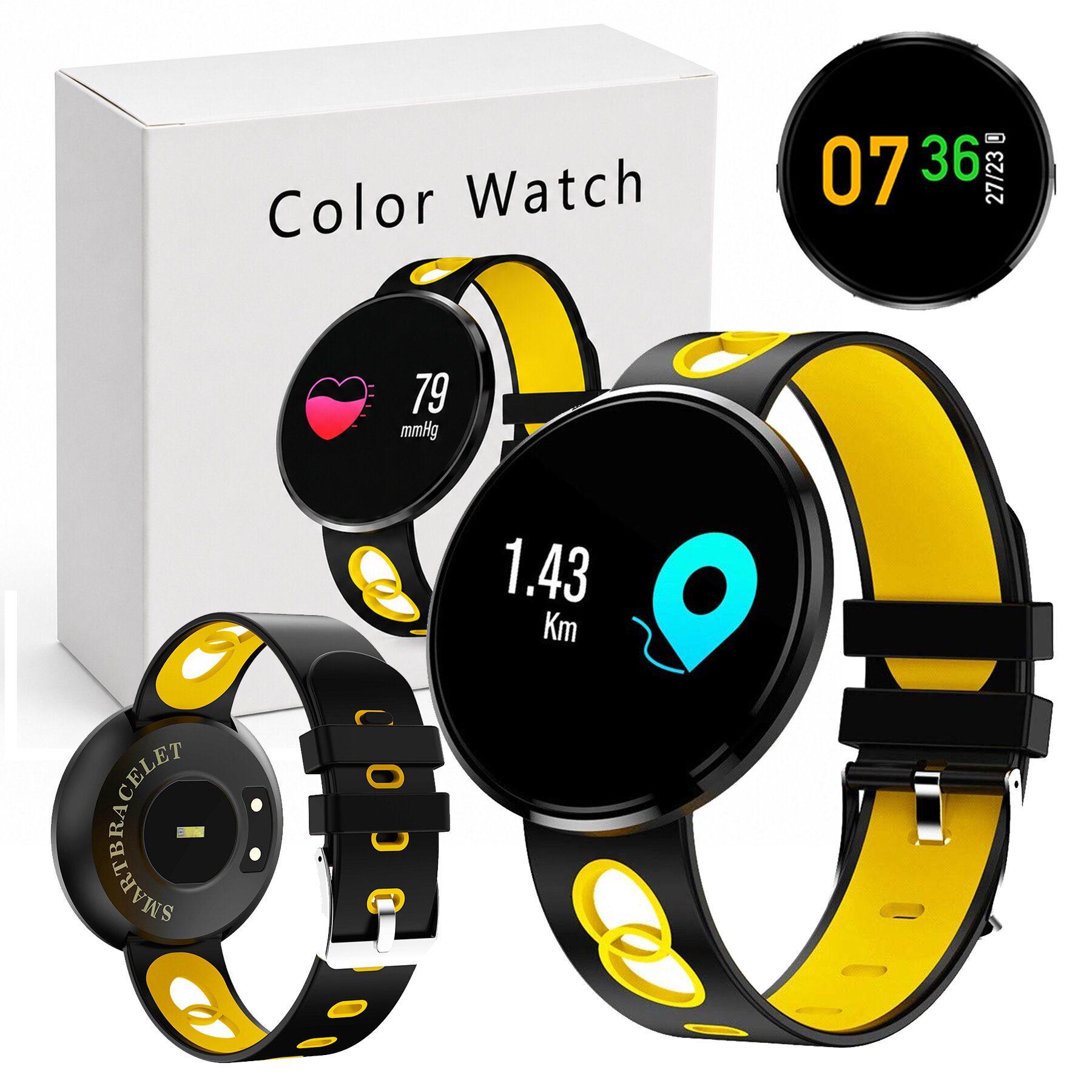 Na obrazie widoczny jest smartwatch z czarno-żółtym paskiem i okrągłym ekranem, na którym wyświetlane są różne dane, takie jak tętno i przebyty dystans. W tle znajduje się białe pudełko z napisem \'Color Watch\'.