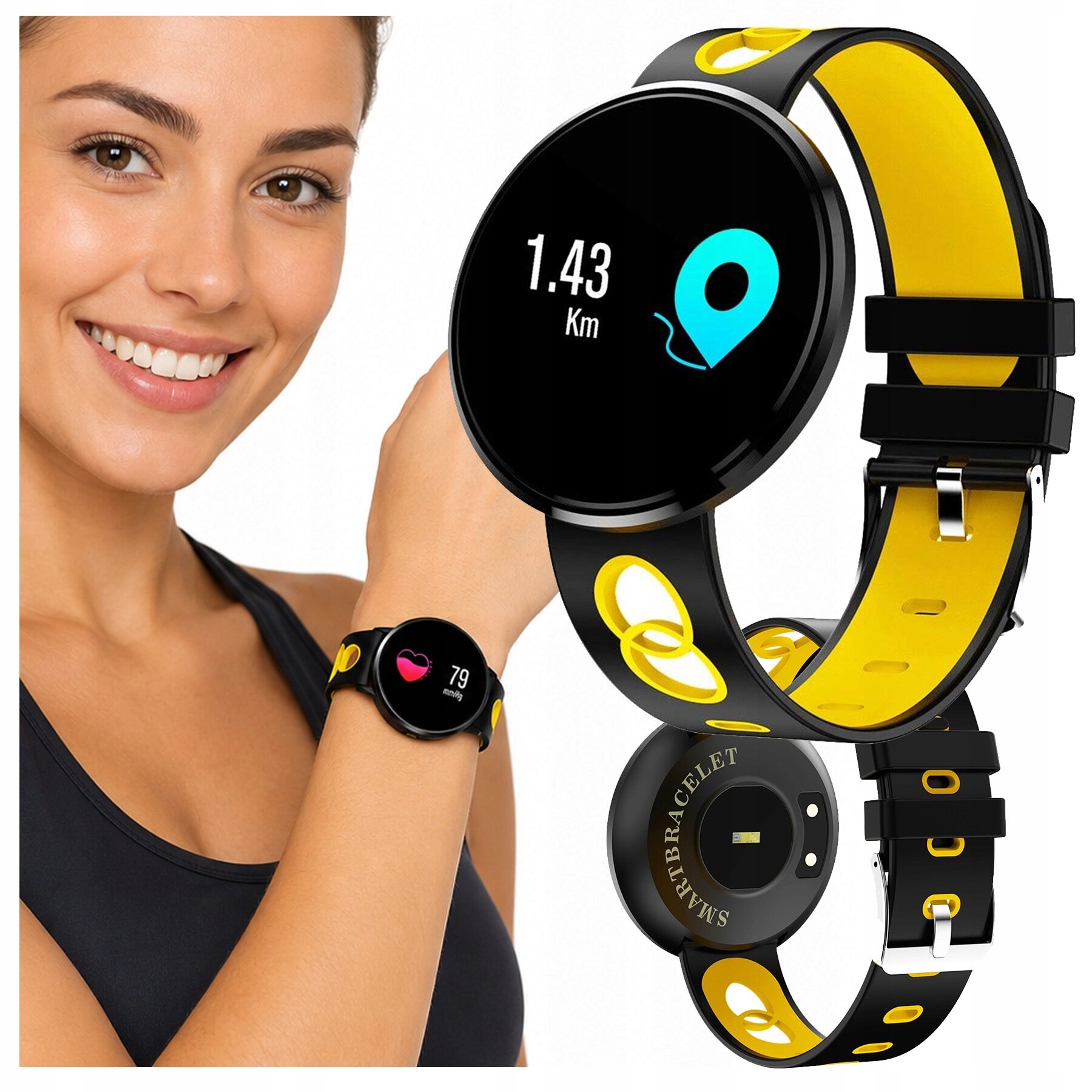 Na obrazie widoczny jest czarny smartwatch z żółtymi elementami, wyświetlający na ekranie dystans 1.43 km oraz ikonę lokalizacji. Obok znajduje się osoba nosząca ten sam model zegarka, na którego ekranie widoczny jest symbol serca i liczba 79.