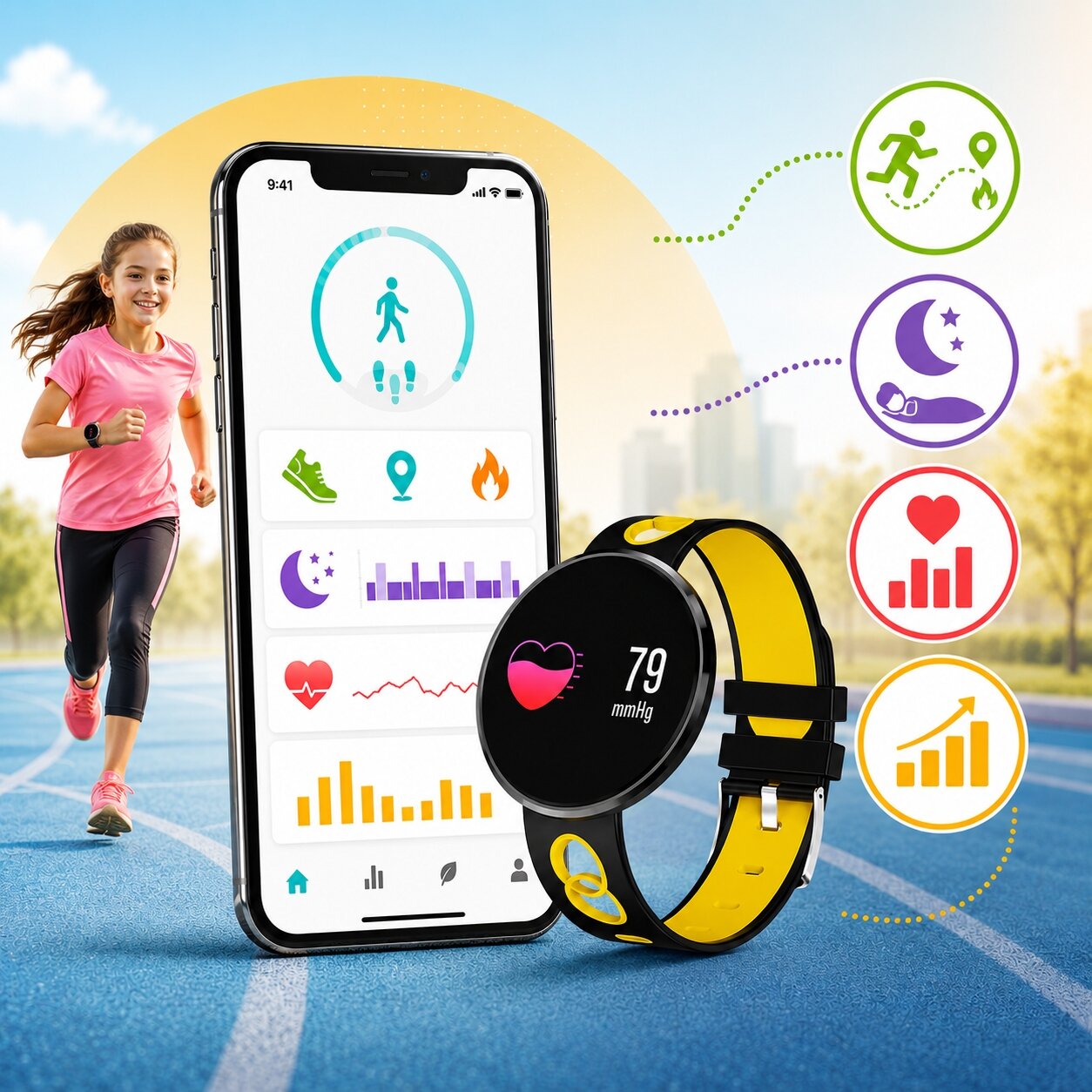 Obraz przedstawia dziewczynkę biegnącą po bieżni oraz smartfon z aplikacją fitness i żółty smartwatch z wyświetlaczem pokazującym 79 mmHg. W tle widoczne są ikony związane z aktywnością fizyczną, snem, zdrowiem i statystykami.