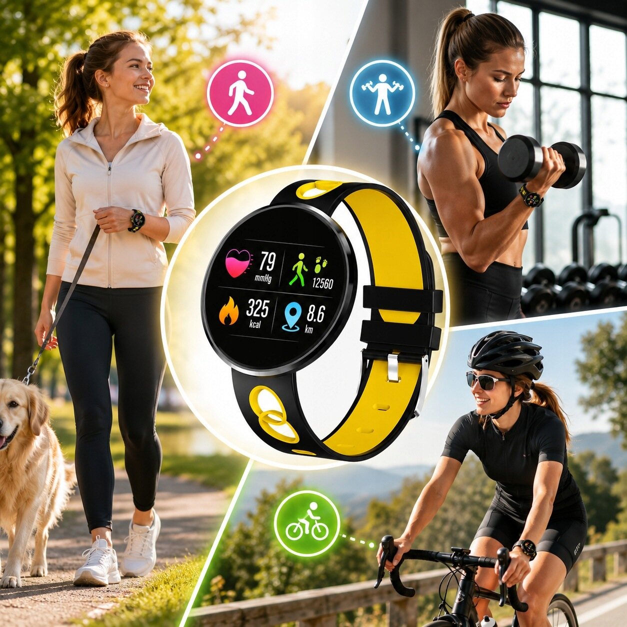 Obraz przedstawia trzy osoby uprawiające różne aktywności fizyczne: spacer z psem, ćwiczenia z hantlami i jazdę na rowerze. W centrum znajduje się smartwatch z kolorowym ekranem, wyświetlający dane takie jak tętno, kroki, kalorie i dystans.