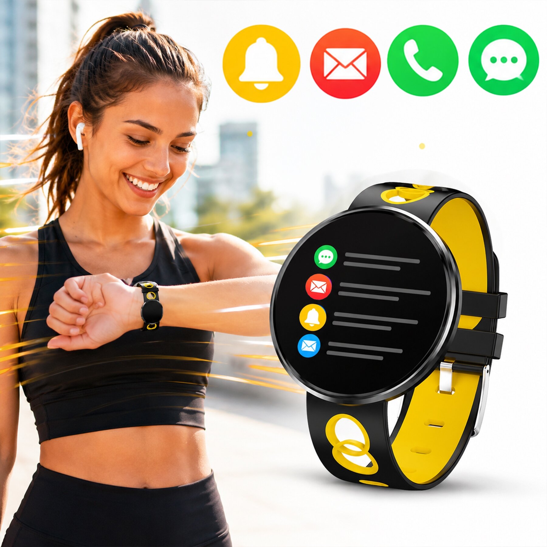 Kobieta w sportowym stroju patrzy na smartwatch na nadgarstku. Obok widoczny jest powiększony obraz zegarka z kolorowymi ikonami powiadomień na ekranie.