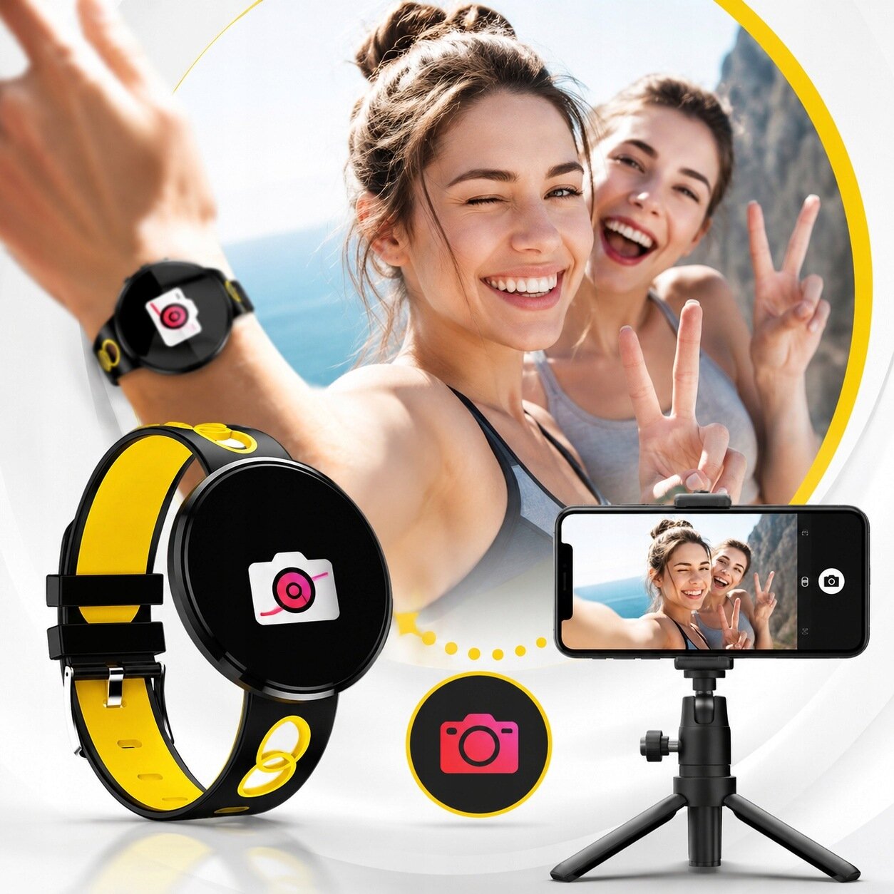 Na obrazie widoczny jest smartwatch z czarnym ekranem i żółtym paskiem, obok którego znajduje się smartfon na statywie pokazujący zdjęcie dwóch uśmiechniętych osób. Na ekranie smartwatcha i w okrągłym symbolu widoczna jest ikona aparatu fotograficznego.