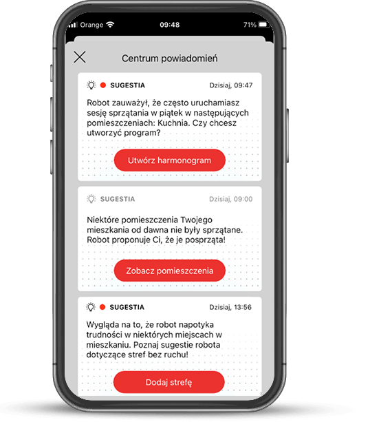 Na ekranie smartfona widoczne jest Centrum powiadomień z trzema sugestiami dotyczącymi sprzątania. Każda sugestia zawiera przycisk: \'Utwórz harmonogram\', \'Zobacz pomieszczenia\' i \'Dodaj strefę\'.