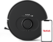 Czarny robot sprzątający z widocznym logo \'Tefal X-Plorer S130 AI\' oraz smartfon z ekranem wyświetlającym logo \'Tefal\'.