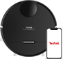 Czarny robot sprzątający z widocznym logo \'Tefal\' oraz smartfon z tym samym logo na ekranie.