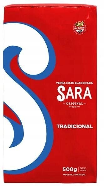 Czerwona paczka z napisem \'Yerba Mate Elaborada SARA Original Tradicional 500g\'. Widoczne jest logo z napisem \'SIN TACC\'.