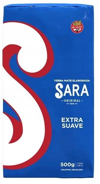 Opakowanie Yerba Mate Sara Extra Suave w kolorze niebieskim z dużą literą \'S\' w kolorze białym i czerwonym. Widoczny tekst: \'Yerba Mate Elaborada SARA Original Extra Suave 500g Cont. Neto Industria Brasilera\'.