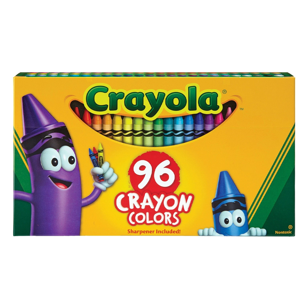 Opakowanie kredek Crayola z napisem \'96 Crayon Colors\' oraz \'Sharpener Included!\', przedstawiające kolorowe kredki i postacie w kształcie kredek.