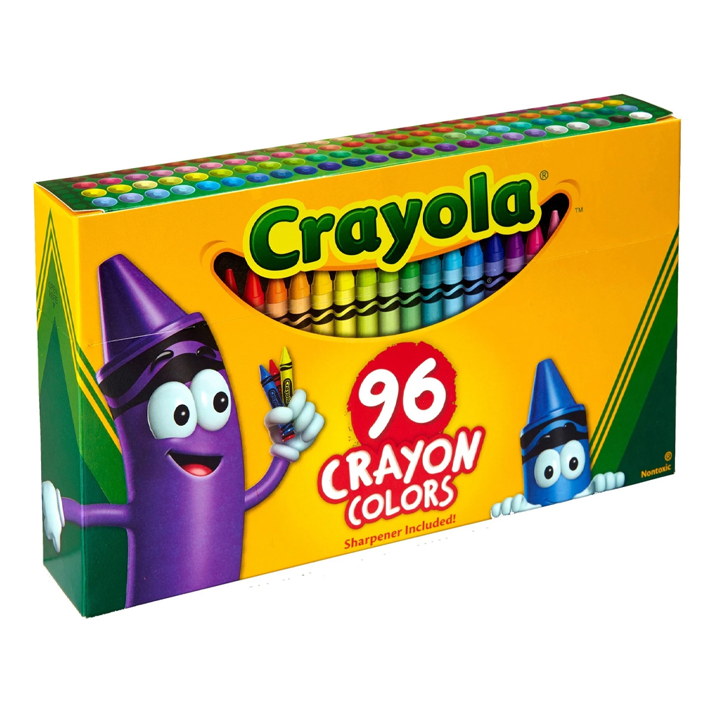 Opakowanie kredek świecowych Crayola z napisem \'96 Crayon Colors\' oraz postaciami w kształcie kredek. Na opakowaniu widnieje informacja \'Sharpener Included!\'.