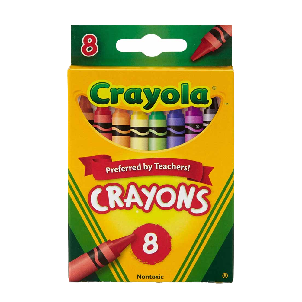Opakowanie kredek świecowych Crayola z napisem \'Preferred by Teachers!\' oraz \'CRAYONS\'. Widoczne są kredki w ośmiu kolorach i napis \'Nontoxic\'.