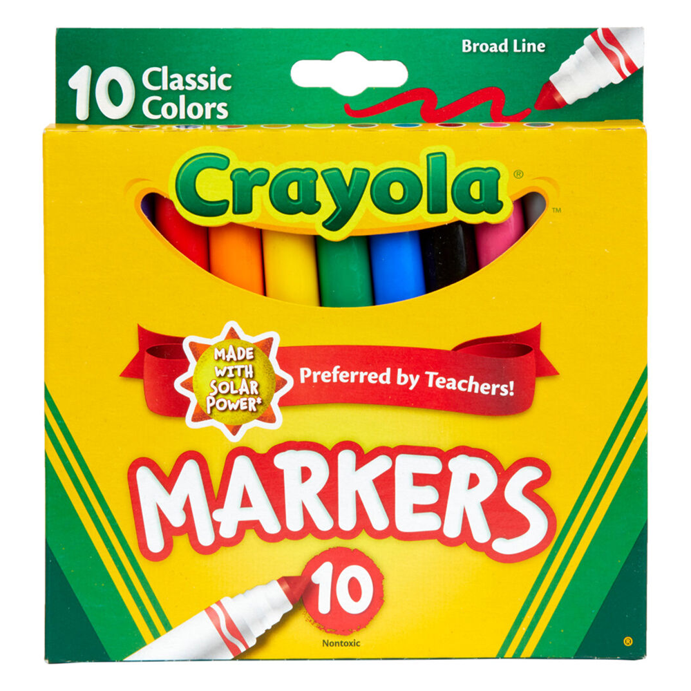 Opakowanie markerów Crayola z napisem \'10 Classic Colors\' i \'Broad Line\'. Widoczne są kolorowe markery oraz teksty \'Made with Solar Power\' i \'Preferred by Teachers!\'.