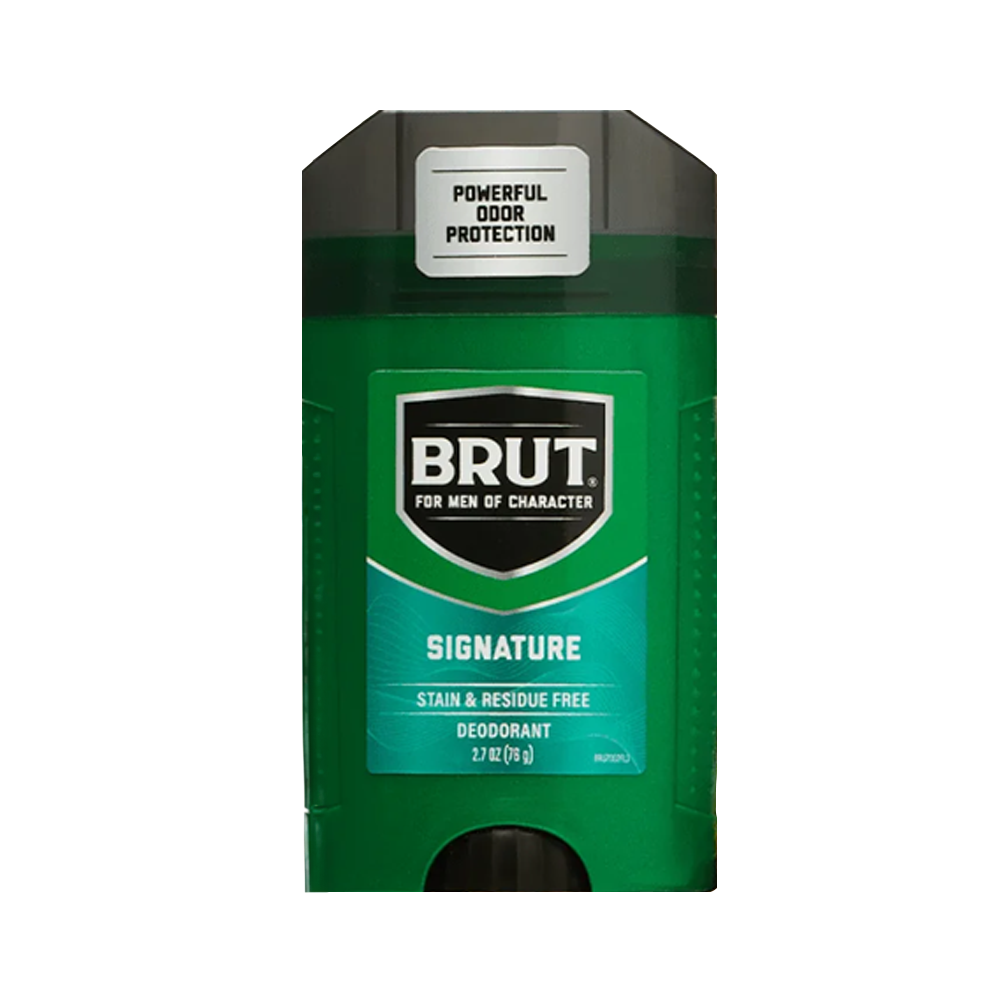 Zielony dezodorant w sztyfcie z napisem \'BRUT FOR MEN OF CHARACTER\' oraz \'SIGNATURE STAIN & RESIDUE FREE DEODORANT 2.7 OZ (76 g)\'. Na górze widoczny jest napis \'POWERFUL ODOR PROTECTION\'.
