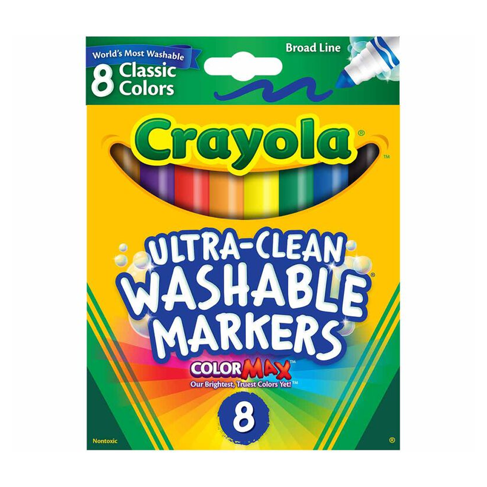 Opakowanie markerów Crayola z napisem \'Ultra-Clean Washable Markers\' oraz \'8 Classic Colors\'. Widoczne są markery w różnych kolorach, a na opakowaniu znajduje się logo Crayola.