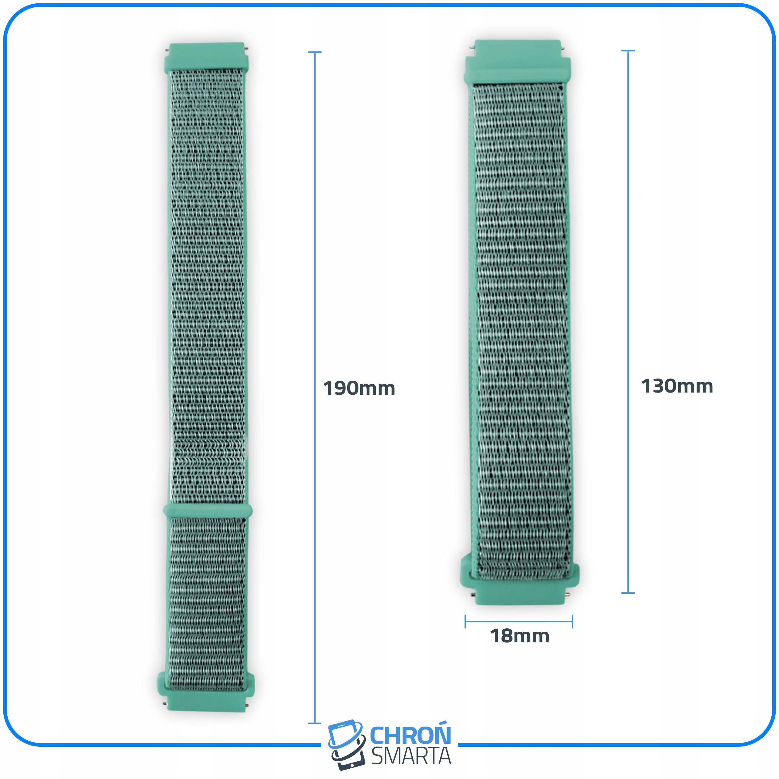 Dwa zielone paski do smartwatcha o długościach 190mm i 130mm oraz szerokości 18mm. Na dole widoczne jest logo \'CHROŃ SMARTA\'.