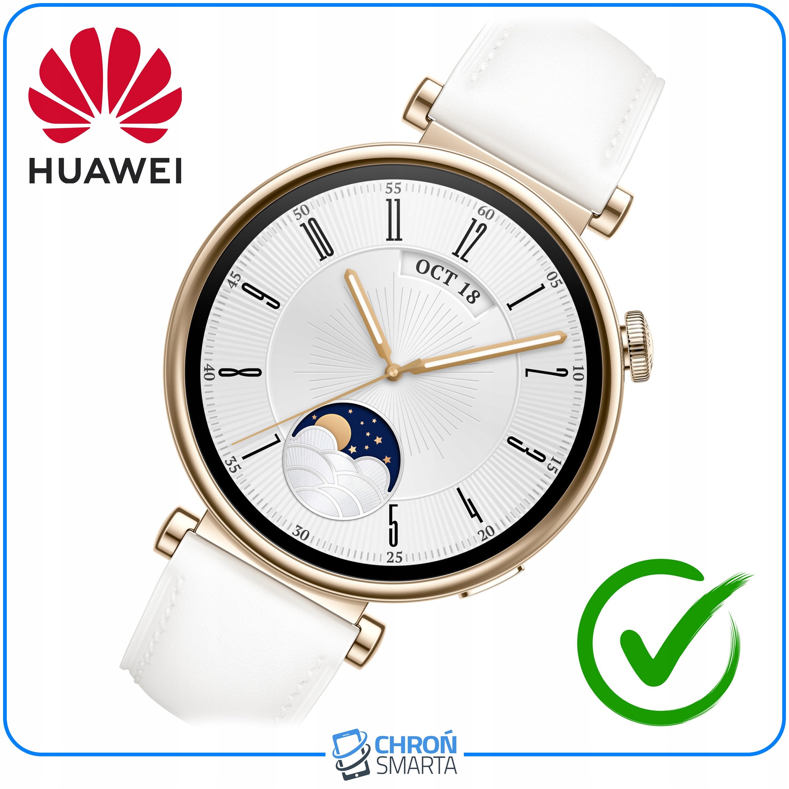 Zegarek z białym paskiem i złotą kopertą, na tarczy widoczna data \'OCT 18\' oraz motyw księżyca i chmur. Logo Huawei i ChronSmarta są obecne, a obok zegarka znajduje się zielony symbol zatwierdzenia.