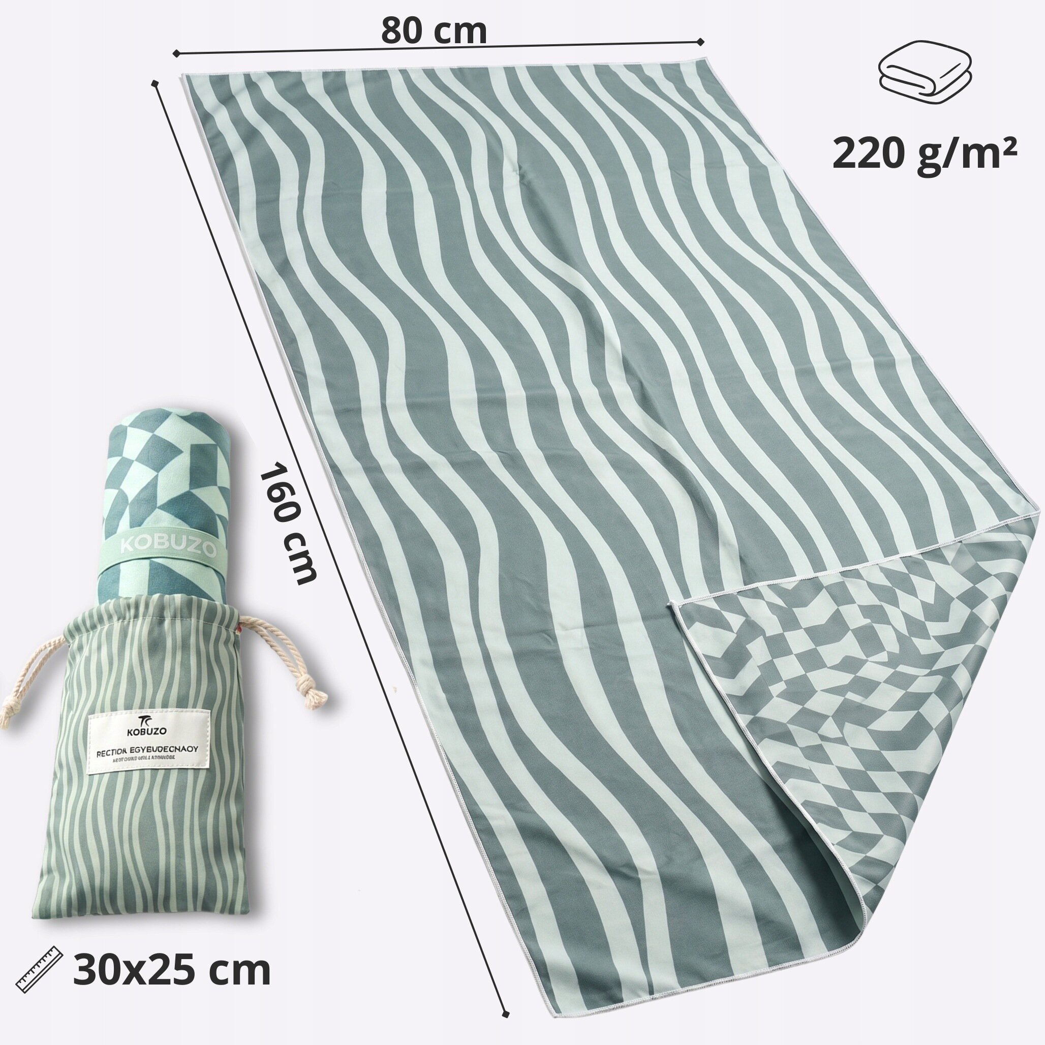 Na obrazie widoczny jest ręcznik szybkoschnący z mikrofibry o wymiarach 160x80 cm, z wzorem w faliste linie i geometryczne kształty. Obok ręcznika znajduje się jego opakowanie z napisem \'KOBUZO\' oraz \'RĘCZNIK SZYBKOSCHNĄCY\', a także informacje o gramaturze 220 g/m² i wymiarach opakowania 30x25 cm.