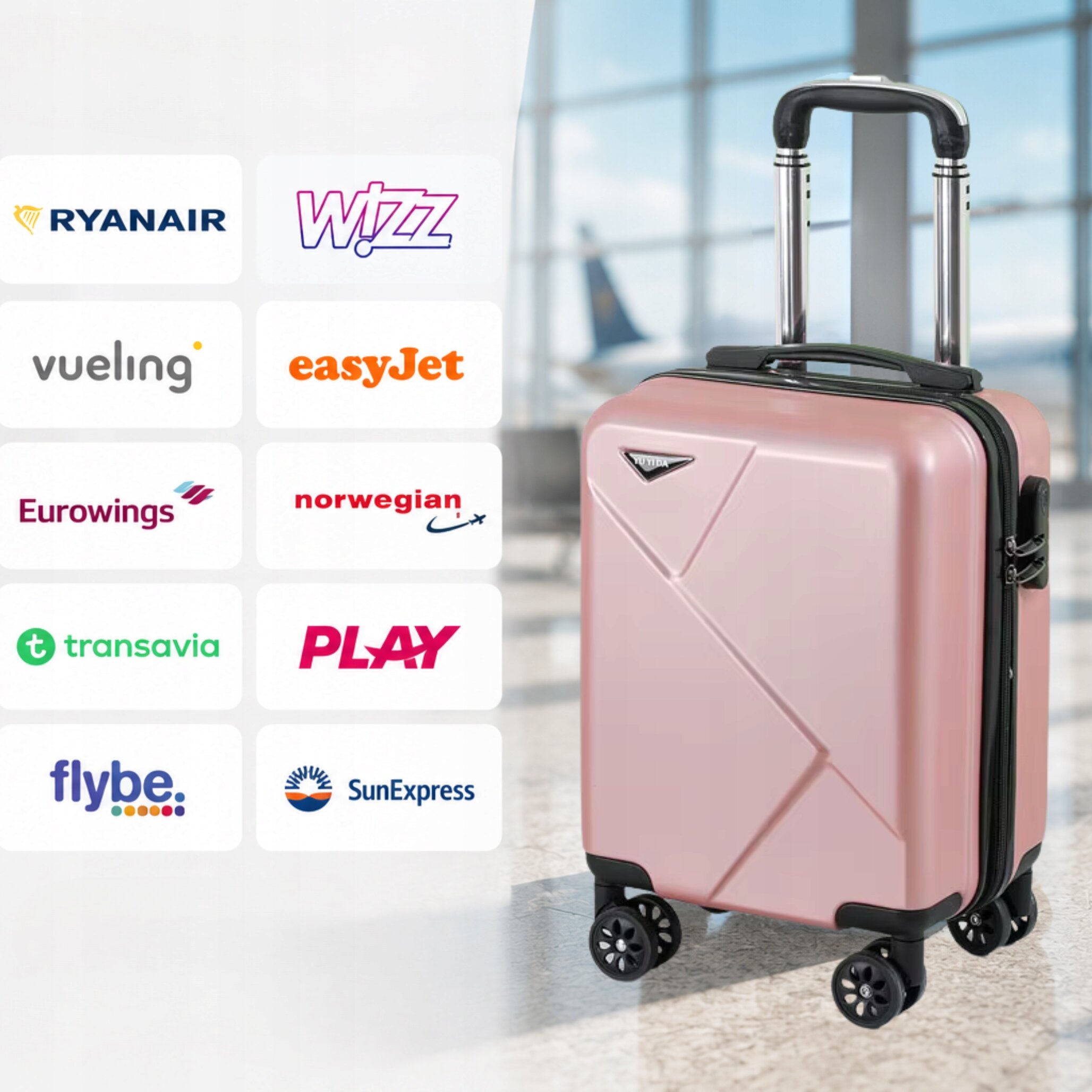 Różowa walizka kabinowa z odpinanymi kółkami stoi na podłodze w jasnym pomieszczeniu. Obok widoczne są logotypy linii lotniczych: RYANAIR, Wizz, vueling, easyJet, Eurowings, norwegian, transavia, PLAY, flybe., SunExpress.