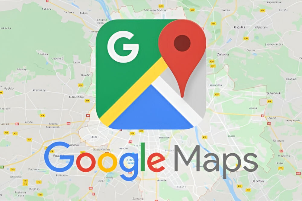 Logo aplikacji Google Maps na tle mapy. Widoczny jest napis \'Google Maps\'.