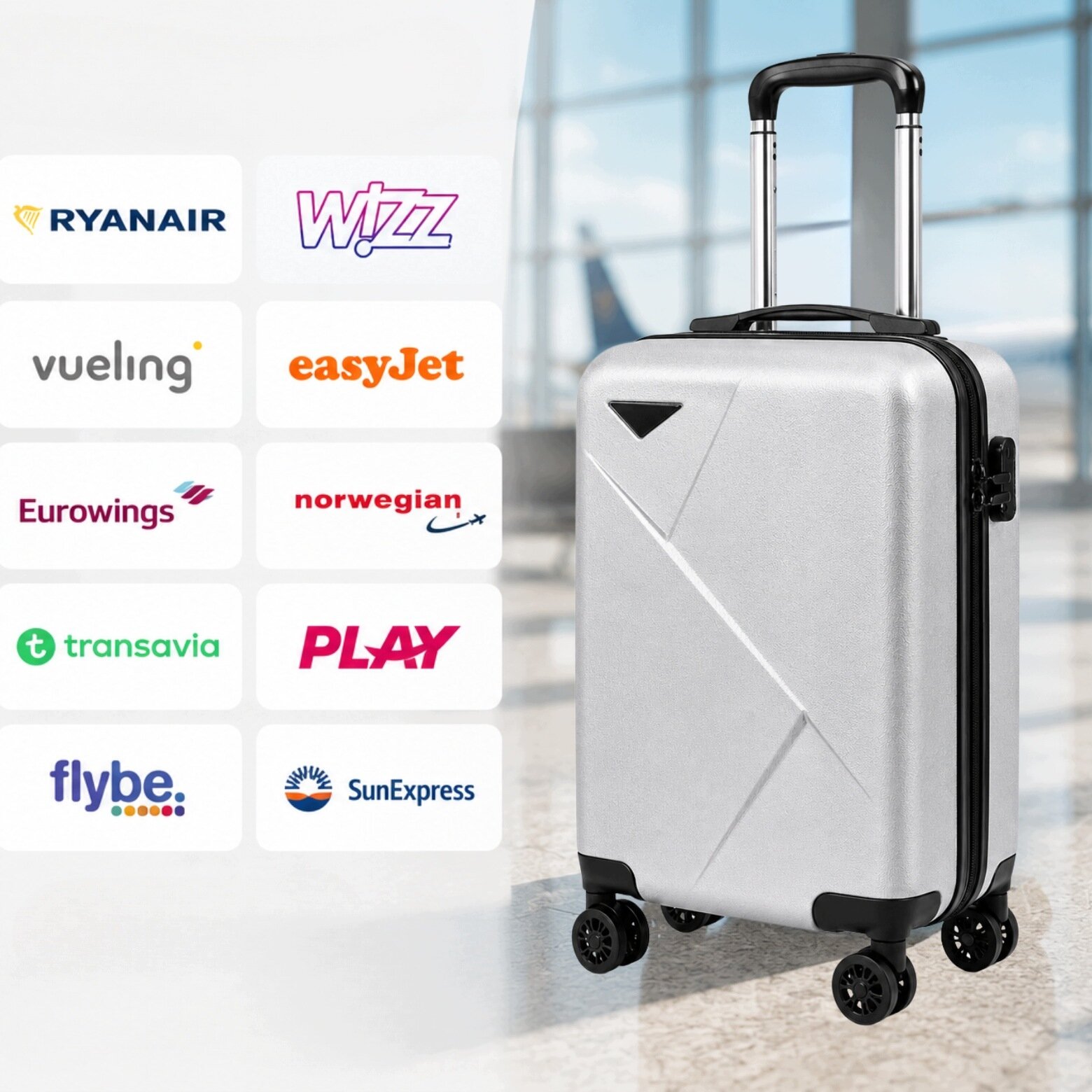 Srebrna walizka kabinowa z odpinanymi kółkami stoi na tle lotniska. Obok widoczne są logotypy linii lotniczych: RYANAIR, Wizz, vueling, easyJet, Eurowings, norwegian, transavia, PLAY, flybe., SunExpress.