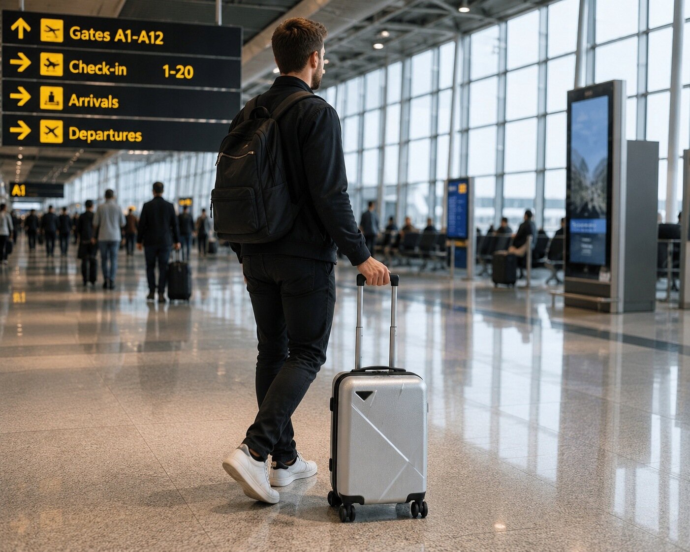 Osoba z plecakiem ciągnie srebrną walizkę kabinową na lotnisku. W tle widoczne są znaki z napisami: \'Gates A1-A12\', \'Check-in 1-20\', \'Arrivals\', \'Departures\'.