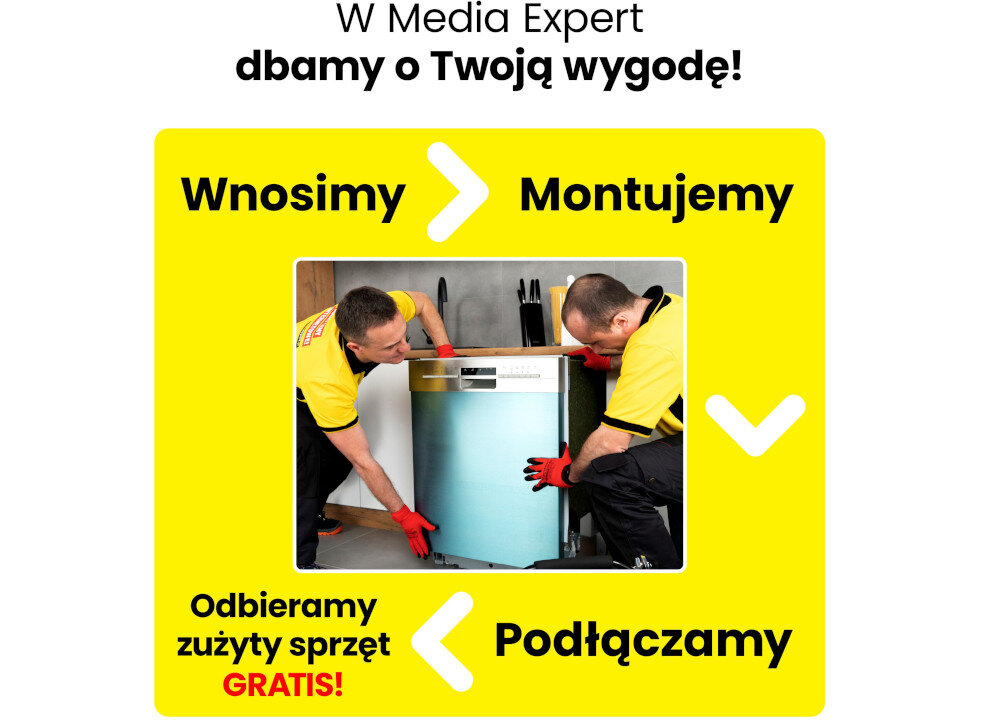 Dwóch mężczyzn w żółtych koszulkach i czerwonych rękawicach montuje zmywarkę. Tekst: \'W Media Expert dbamy o Twoją wygodę! Wnosimy > Montujemy > Podłączamy > Odbieramy zużyty sprzęt GRATIS!\'.