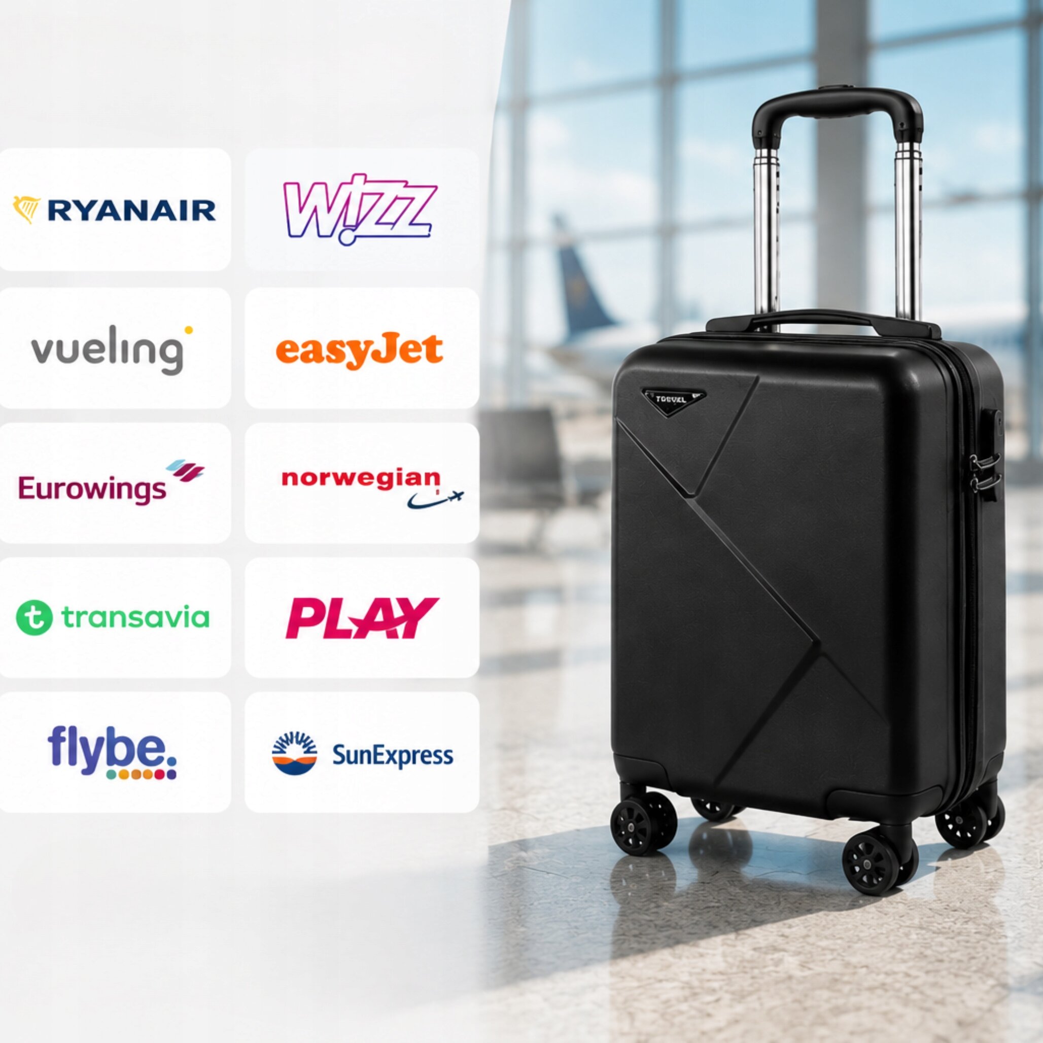 Czarna walizka kabinowa z odpinanymi kółkami stoi na podłodze w jasnym wnętrzu. Obok widoczne są logotypy linii lotniczych: RYANAIR, Wizz, vueling, easyJet, Eurowings, norwegian, transavia, PLAY, flybe, SunExpress.