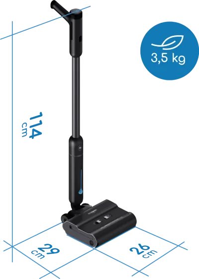 Na obrazie znajduje się czarny mop z pionowym uchwytem i prostokątną podstawą. Obok mopa widoczna jest niebieska ikona z napisem \'3,5 kg\'.