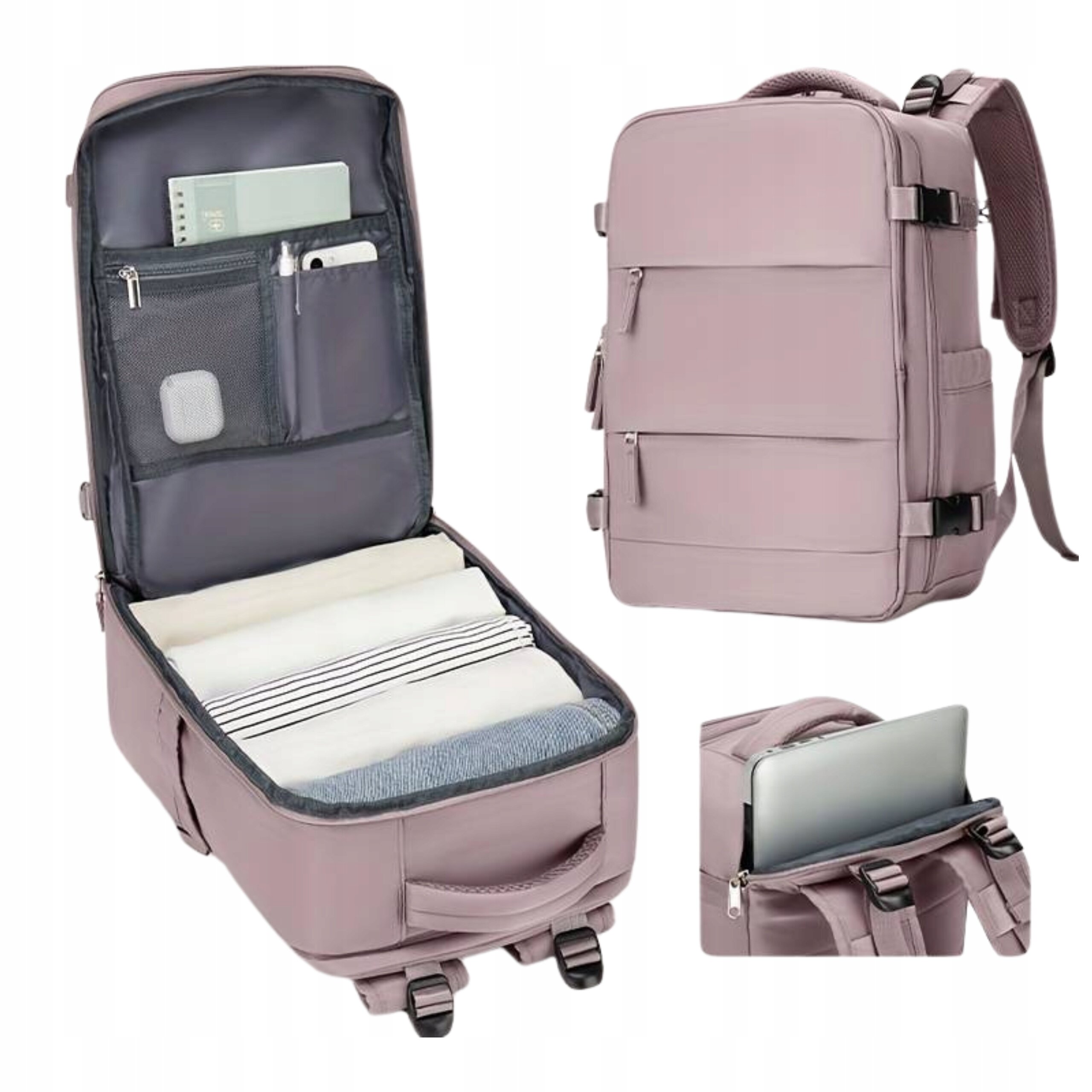 Plecak podróżny w kolorze różowym z kilkoma kieszeniami i przegródkami, w tym miejscem na laptopa. Wnętrze plecaka zawiera złożone ubrania i akcesoria, a na zewnątrz widoczne są zamki błyskawiczne i paski regulacyjne.