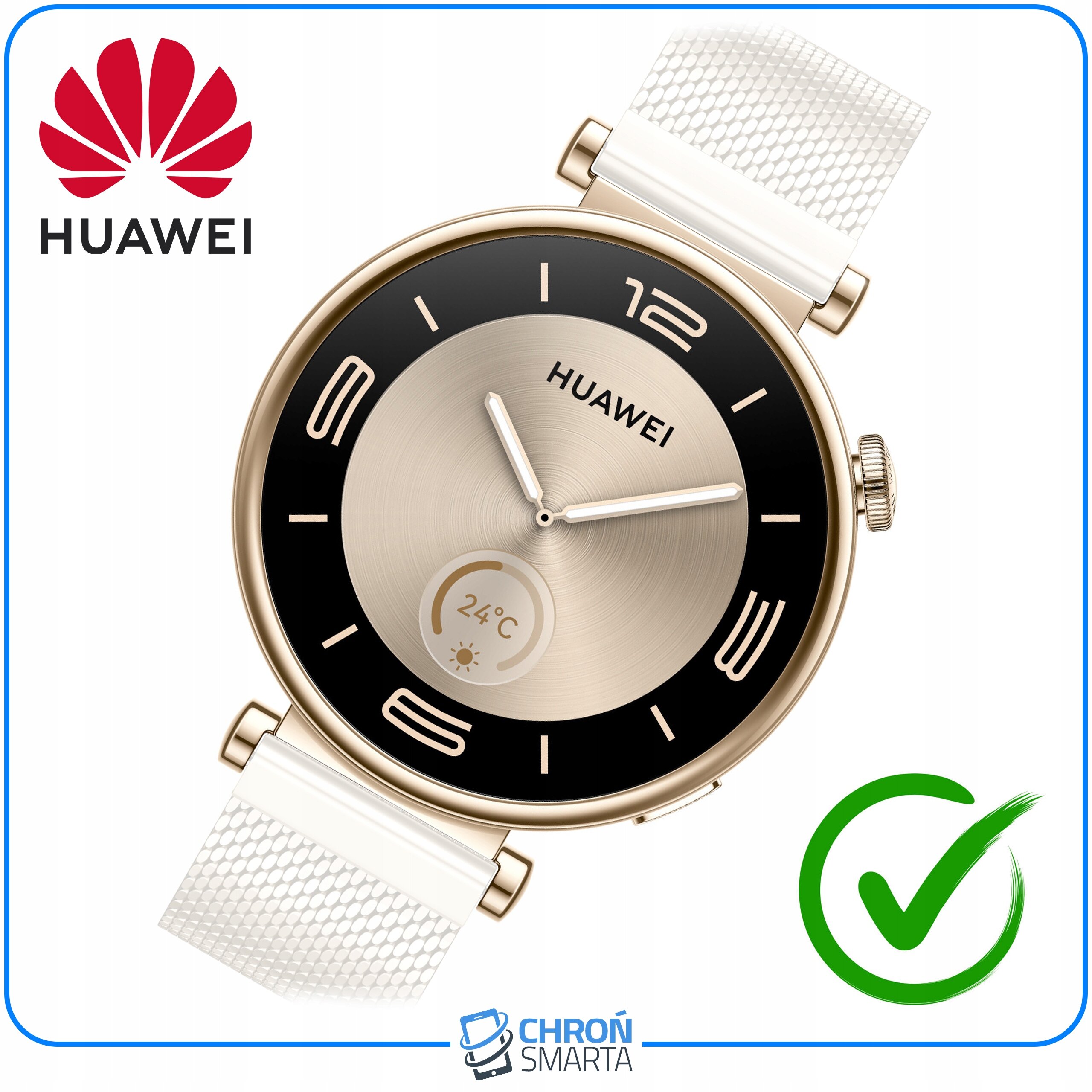 Złoty smartwatch z białym paskiem, na tarczy widoczna jest temperatura 24°C i logo Huawei. W lewym górnym rogu znajduje się czerwone logo Huawei, a na dole logo ChronSmarta.