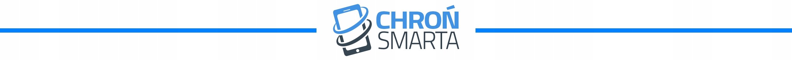 Logo z napisem \'CHROŃ SMARTA\' oraz ikoną przedstawiającą urządzenie elektroniczne. Logo jest umieszczone pomiędzy dwoma niebieskimi liniami.