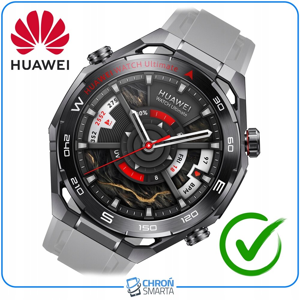 Obraz przedstawia smartwatch Huawei Watch Ultimate z czarną tarczą i czerwonymi akcentami. Widoczne są logotypy Huawei i ChronSmarta oraz zielony symbol zatwierdzenia.