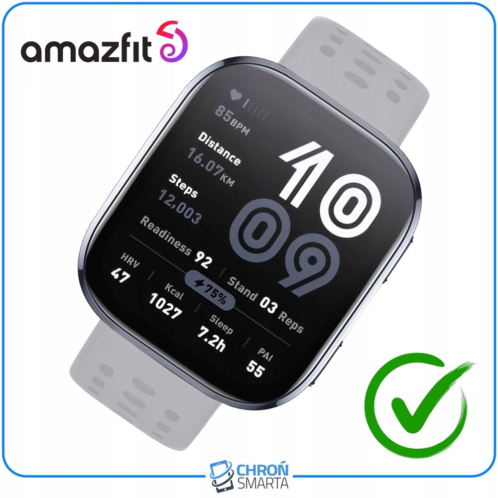 Na obrazie widoczny jest smartwatch z wyświetlaczem pokazującym różne dane, takie jak tętno, dystans, kroki i poziom naładowania baterii. W lewym górnym rogu znajduje się logo \'amazfit\', a na dole logo \'CHROŃ SMARTA\'.