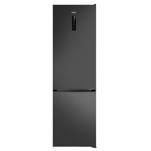 Czarna lodówka z panelem sterowania na górnych drzwiach, z widocznym logo \'Amica\'. Urządzenie ma nowoczesny design i wykończenie w kolorze inox.