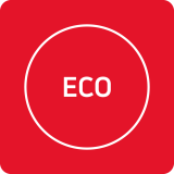 Czerwony kwadratowy przycisk z białym napisem \'ECO\' w środku, otoczony białym okręgiem.