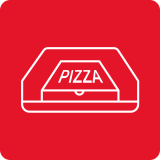 Czerwona ikona z białym konturem pudełka na pizzę z napisem \'PIZZA\'.