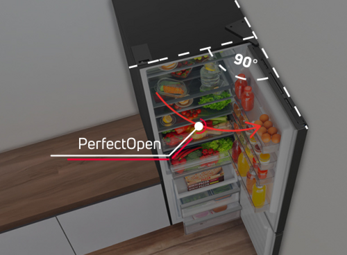 Otwarta lodówka z widocznymi produktami spożywczymi, takimi jak owoce, napoje i warzywa. Na obrazie znajduje się tekst: \'PerfectOpen\' oraz oznaczenie kąta 90°.