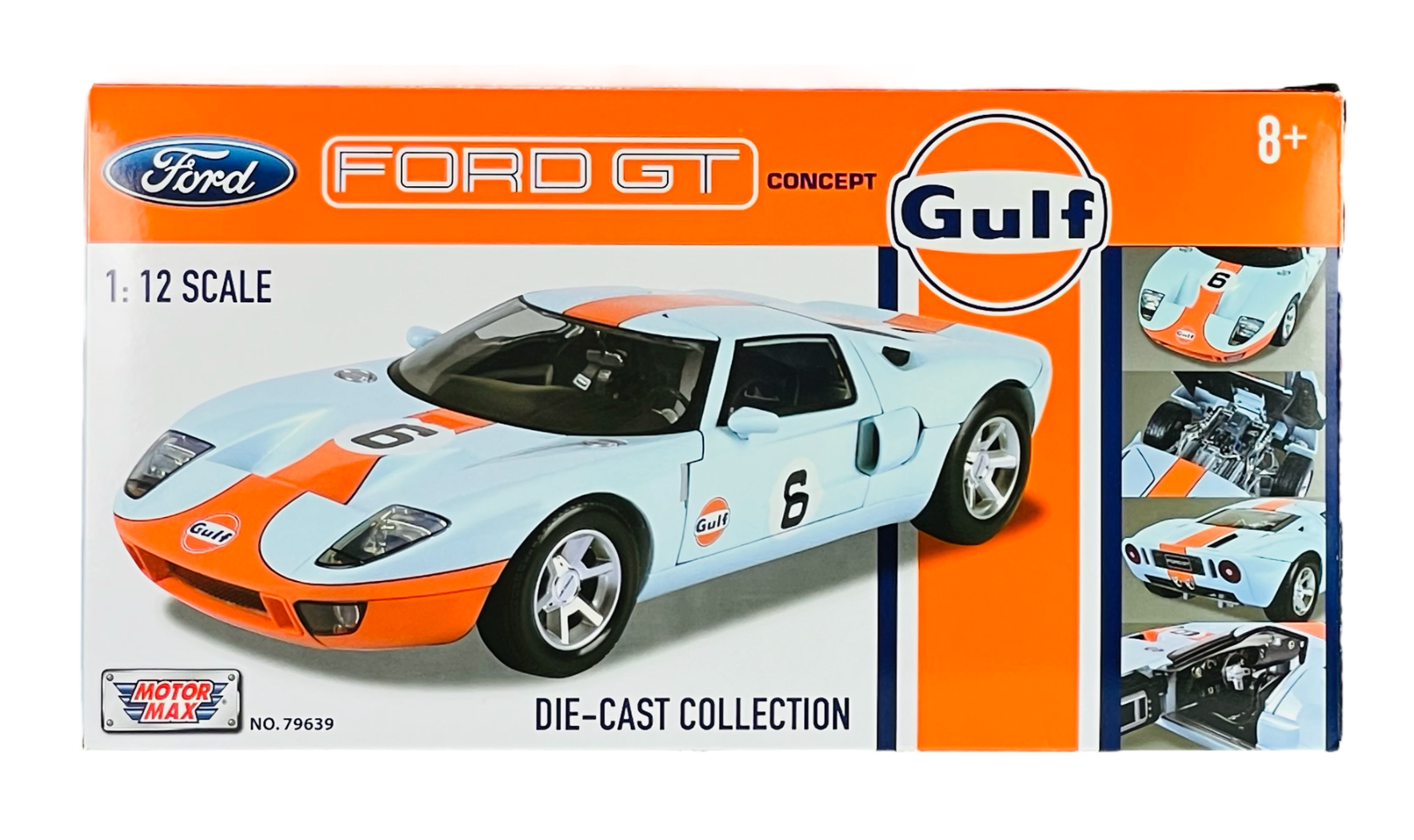 Opakowanie modelu samochodu Ford GT Concept w skali 1:12 z logo Gulf, przedstawiające biało-niebieski pojazd z pomarańczowymi akcentami i numerem 6. Widoczne są napisy: \'Ford GT Concept\', \'Gulf\', \'1:12 Scale\', \'Die-Cast Collection\', \'Motormax No. 79639\'.