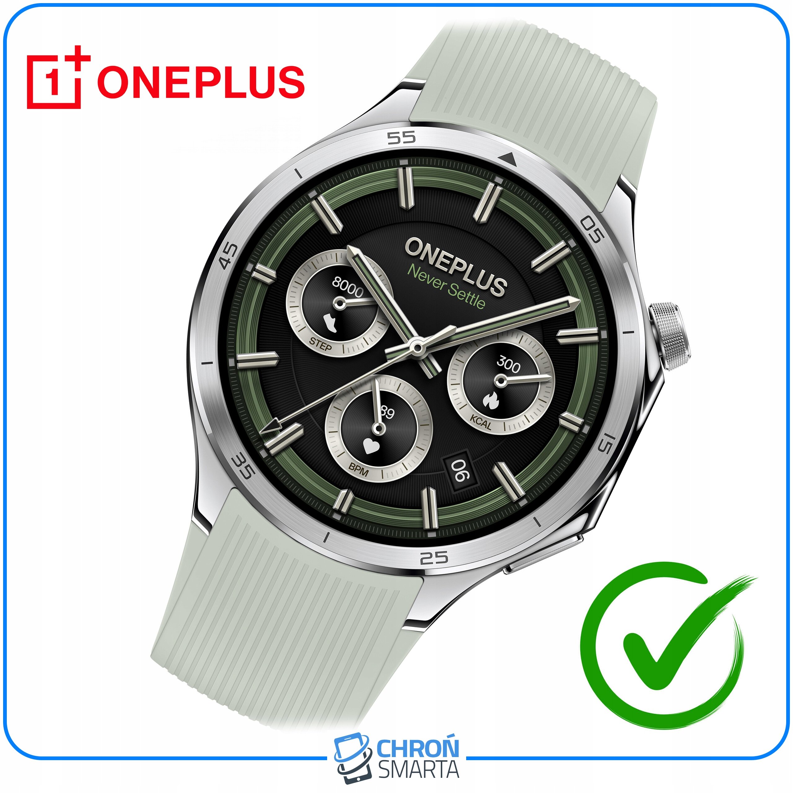Na obrazie widoczny jest smartwatch z okrągłą tarczą, na której znajdują się trzy mniejsze tarcze z oznaczeniami: STEP, KCAL, BPM. W lewym górnym rogu znajduje się logo \'ONEPLUS\', a na dole logo \'CHROŃ SMARTA\' z ikoną zegarka.