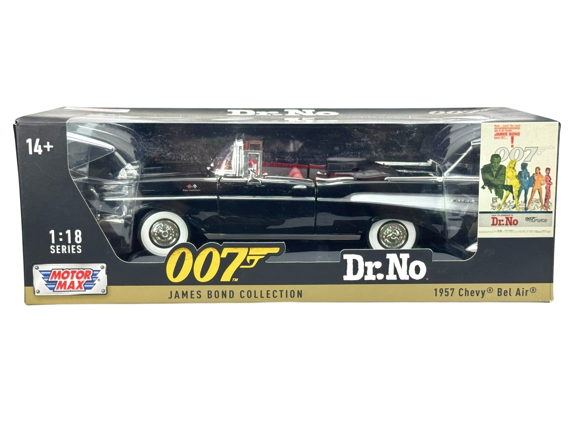 Model samochodu 1957 Chevy Bel Air w kolorze czarnym, w opakowaniu z napisem \'007 Dr. No\' oraz logo \'Motor Max\'.