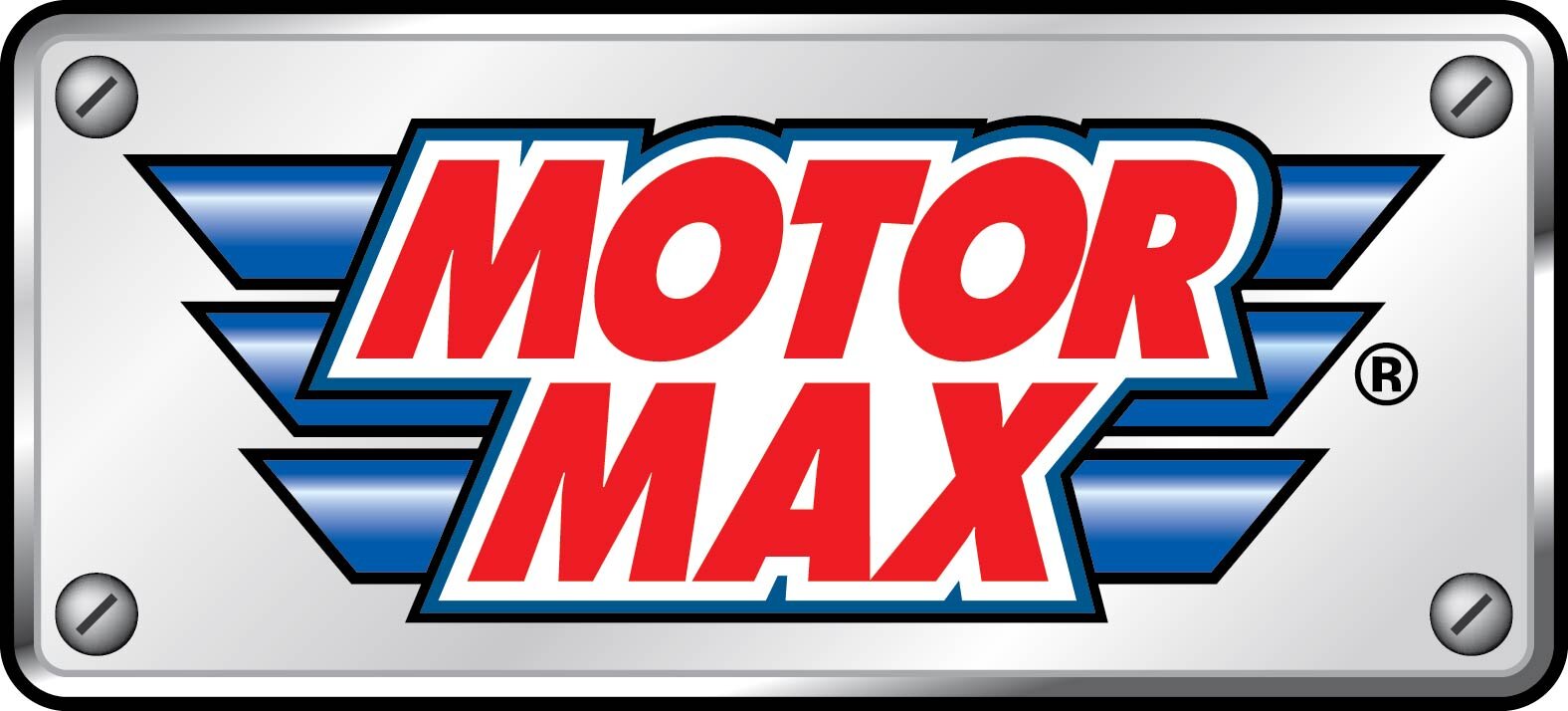 Logo z napisem \'MOTOR MAX\' w czerwonym kolorze na tle z niebieskimi i srebrnymi elementami, przypominającymi tabliczkę z czterema śrubami w rogach.