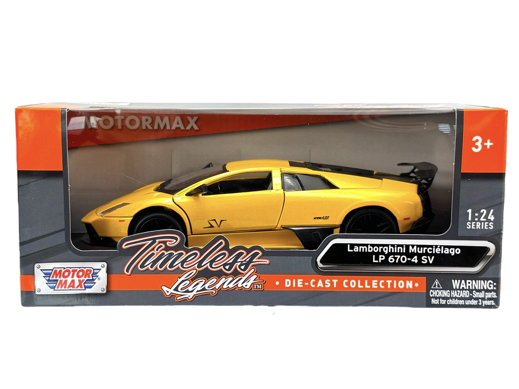 Model samochodu Lamborghini Murcielago LP 670-4 SV w kolorze żółtym, umieszczony w opakowaniu z napisem \'Timeless Legends\' oraz \'Motormax\'. Na opakowaniu widnieje ostrzeżenie: \'WARNING: CHOKING HAZARD - Small parts. Not for children under 3 years.\'