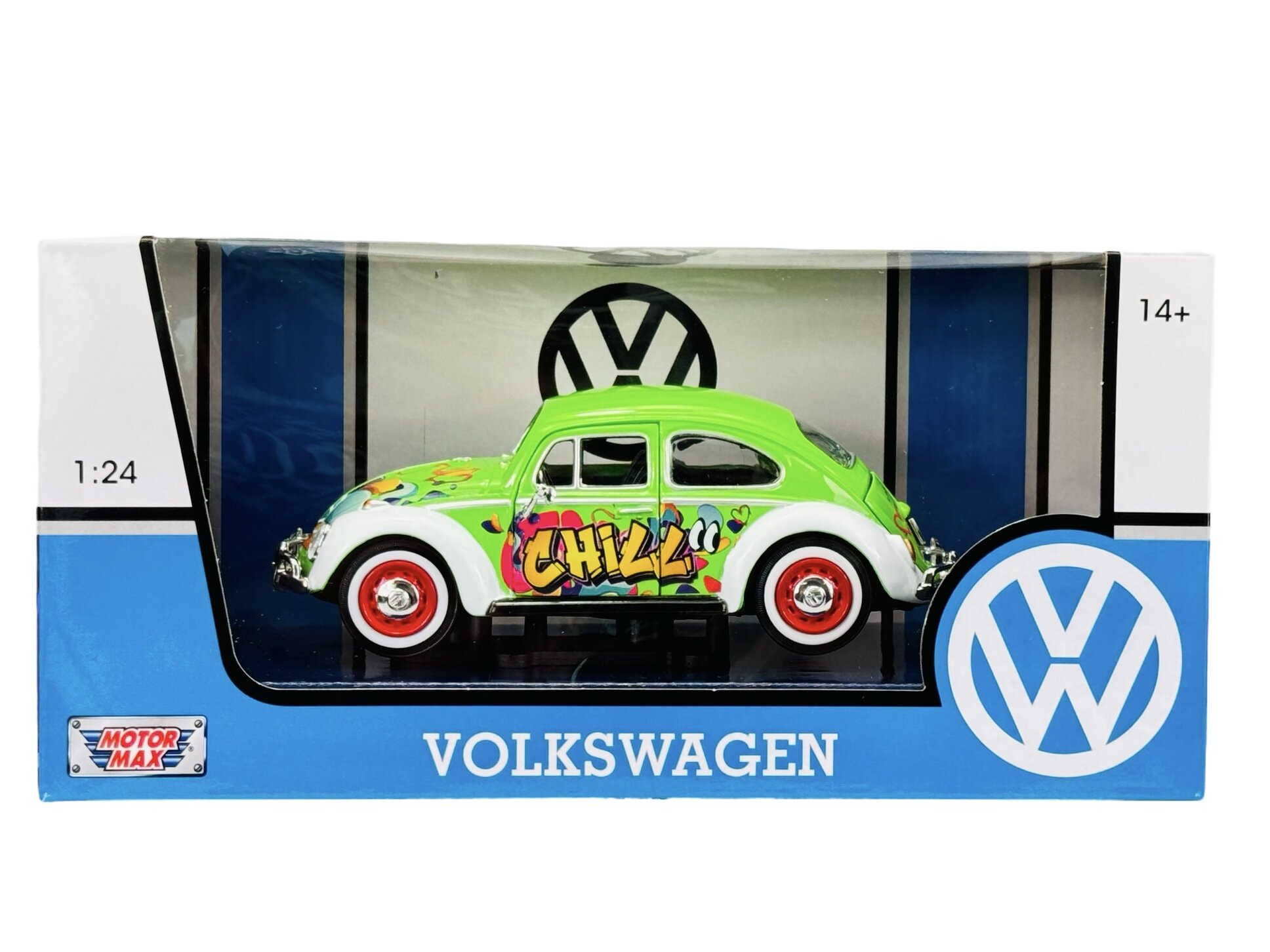 Model samochodu Volkswagen Beetle w skali 1:24 z zielonym nadwoziem ozdobionym graffiti z napisem \'CHILL\'. Opakowanie zawiera logo Volkswagen oraz napis \'VOLKSWAGEN\'.