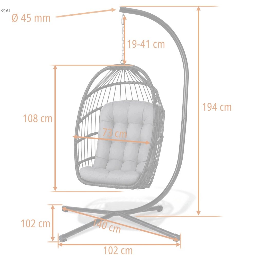 Obraz przedstawia wiszący fotel ogrodowy z metalowym stelażem i poduszką. Wymiary to: wysokość 194 cm, szerokość 102 cm, głębokość 140 cm, średnica rury 45 mm, wysokość siedziska 108 cm, szerokość siedziska 73 cm, długość łańcucha 19-41 cm.