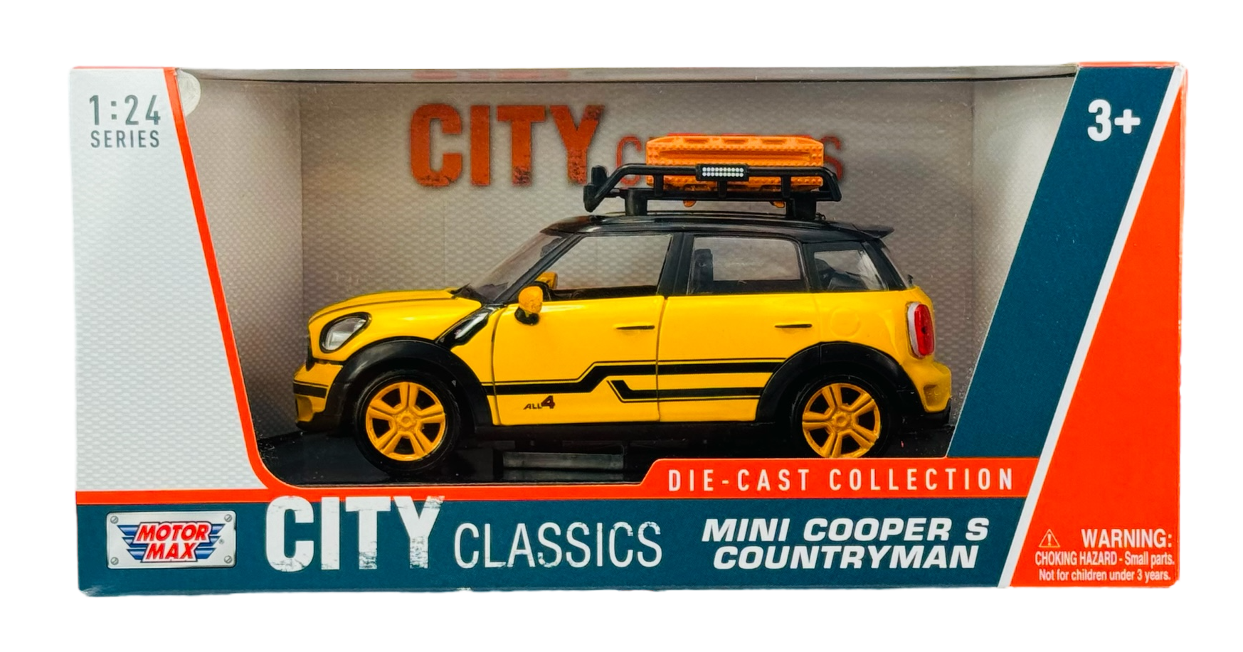 Model samochodu Mini Cooper S Countryman w kolorze żółtym z czarnymi detalami, umieszczony w opakowaniu z napisem \'CITY CLASSICS\' oraz \'DIE-CAST COLLECTION\'. Widoczne logo \'MOTORMAX\' i ostrzeżenie \'WARNING: CHOKING HAZARD - Small parts. Not for children under 3 years.\'