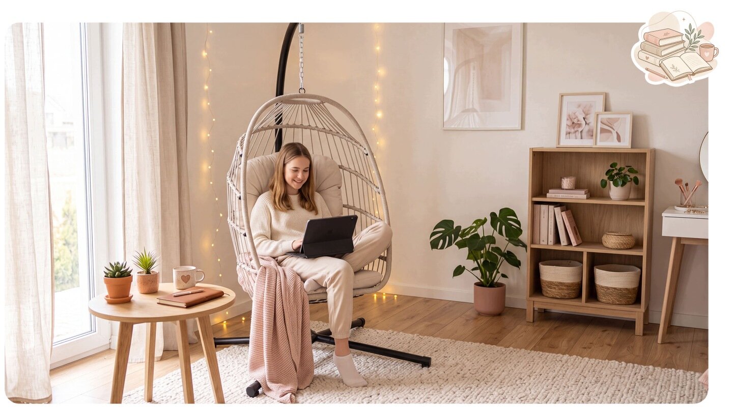 W jasnym pokoju znajduje się beżowy fotel wiszący z osobą siedzącą na nim, trzymającą laptop. W tle widać regał z książkami i roślinami oraz dekoracyjne oświetlenie na ścianie.