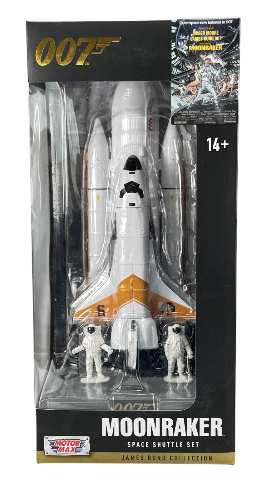 Opakowanie zawiera model wahadłowca kosmicznego z napisem \'MOONRAKER\' oraz dwie figurki astronautów. Widoczne są logotypy \'007\' i \'MOTOR MAX\'.