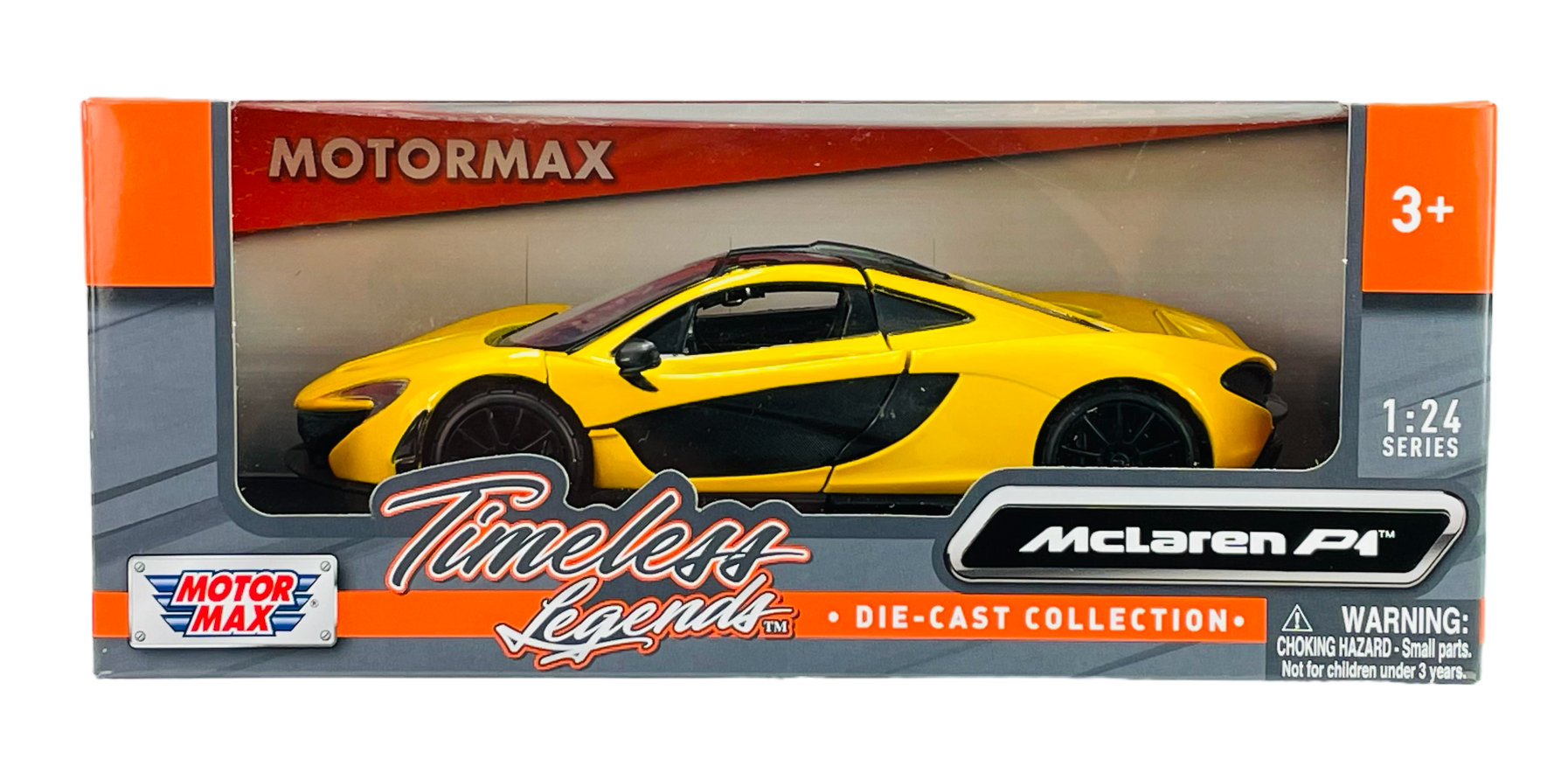 Opakowanie modelu samochodu w skali 1:24 z żółtym pojazdem widocznym przez przezroczyste okienko. Na opakowaniu znajdują się napisy: \'MOTORMAX\', \'Timeless Legends\', \'McLaren P1\', oraz ostrzeżenie o małych częściach dla dzieci powyżej 3 lat.