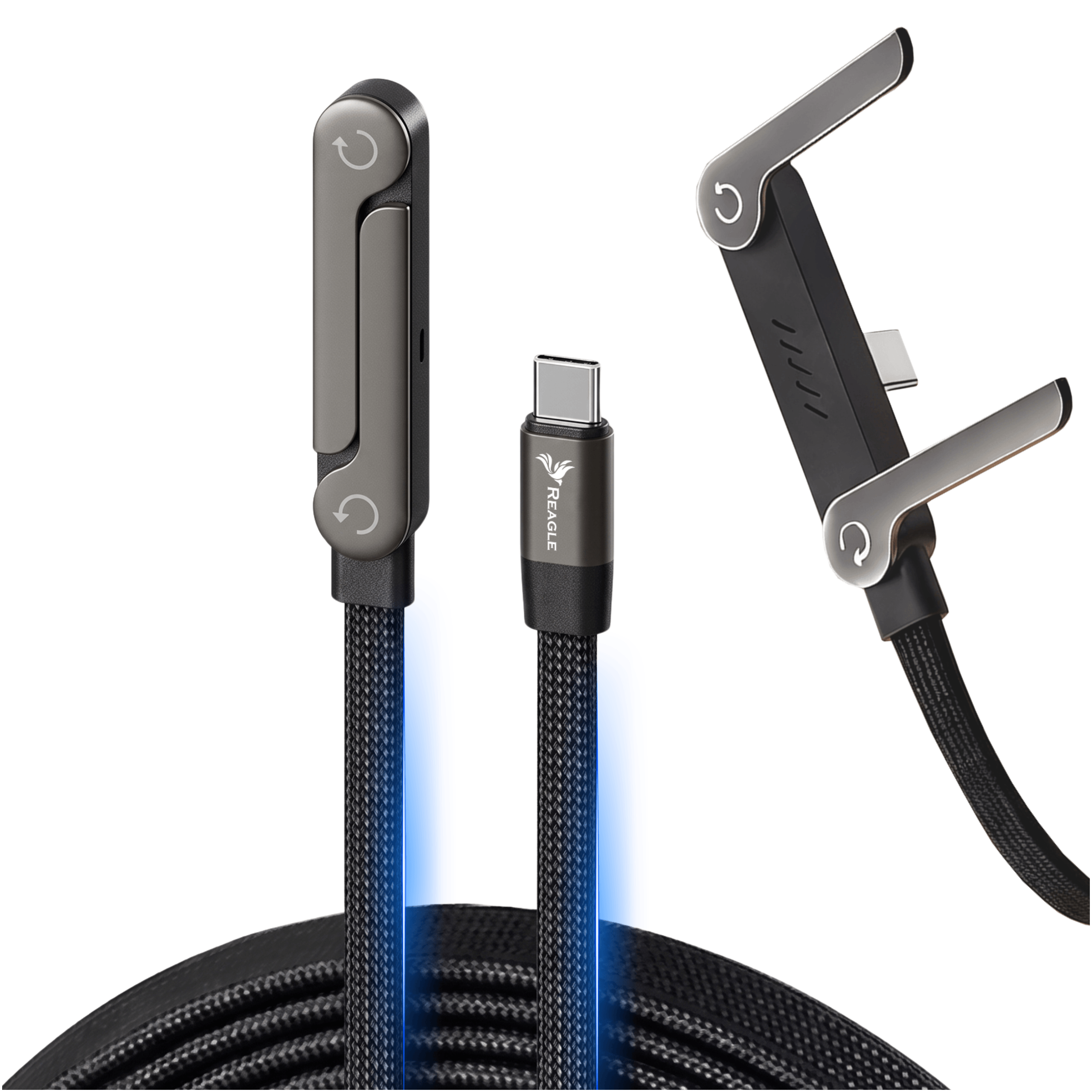 Na obrazie widoczny jest czarny kabel USB-C z logo \'REAGLE\' oraz stojak w kształcie litery \'L\'. Kabel ma plecioną osłonę i metalowe złącza.