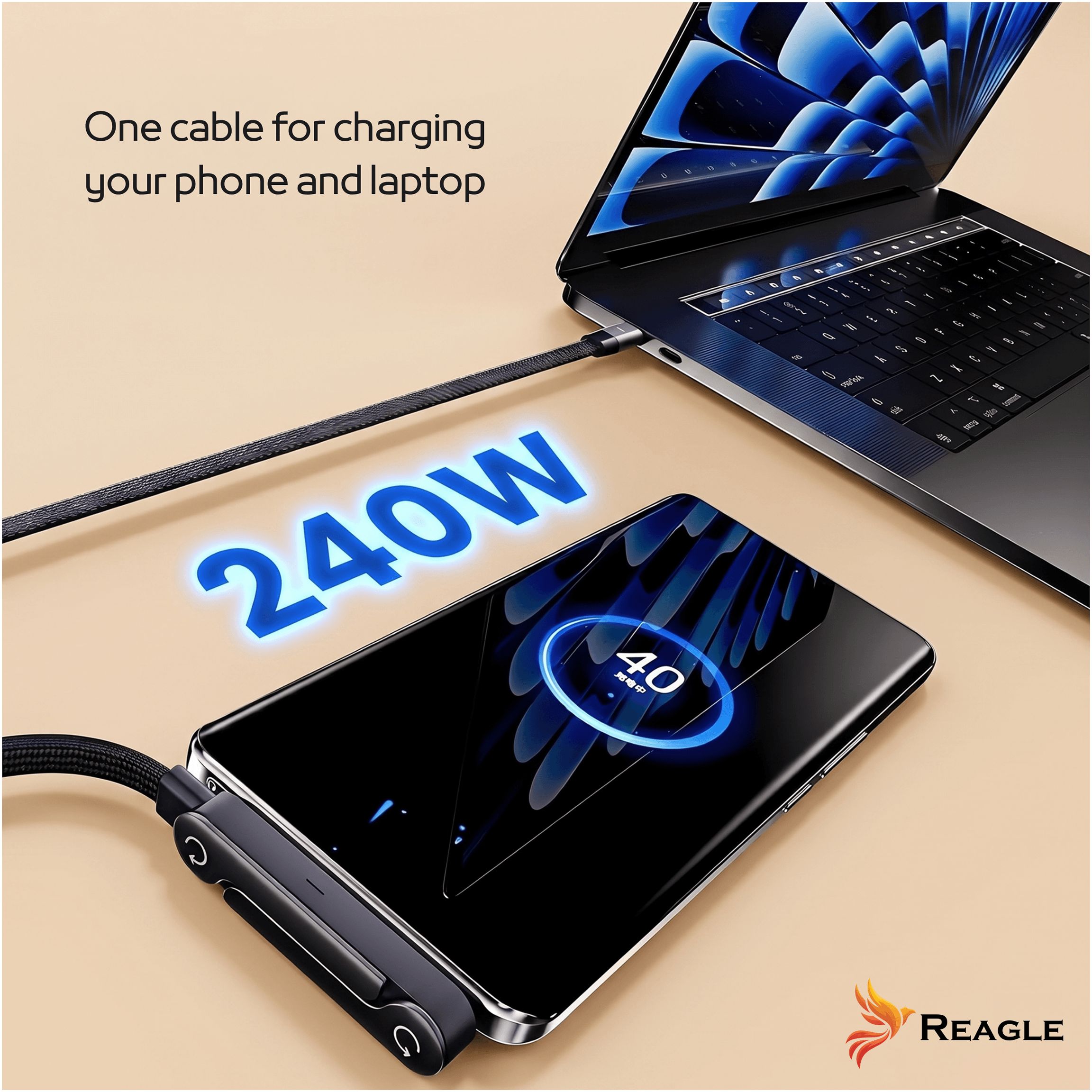 Obraz przedstawia laptopa i telefon połączone kablem USB-C, z widocznym napisem \'240W\'. W tle znajduje się tekst \'One cable for charging your phone and laptop\' oraz logo Reagle.